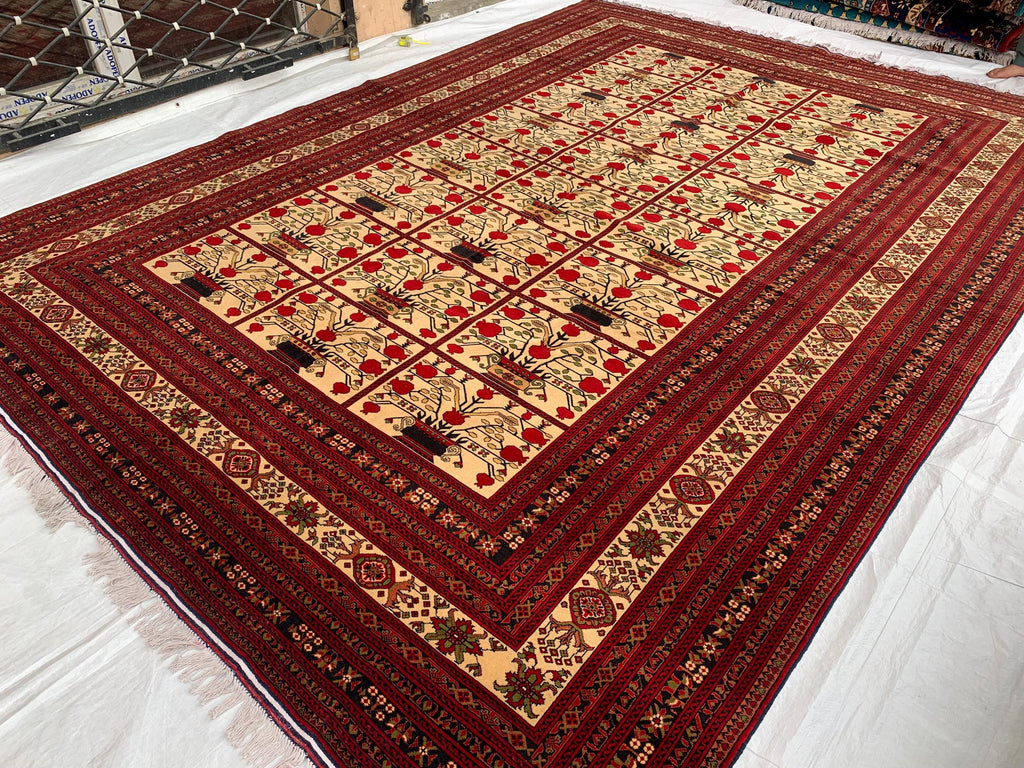 Premium Quality Handmade Beljik Rug 9.5x13.2 Large Afghan Wool Carpet | Red, Ivory & Black Traditional |Living Room, Dining Area Decor