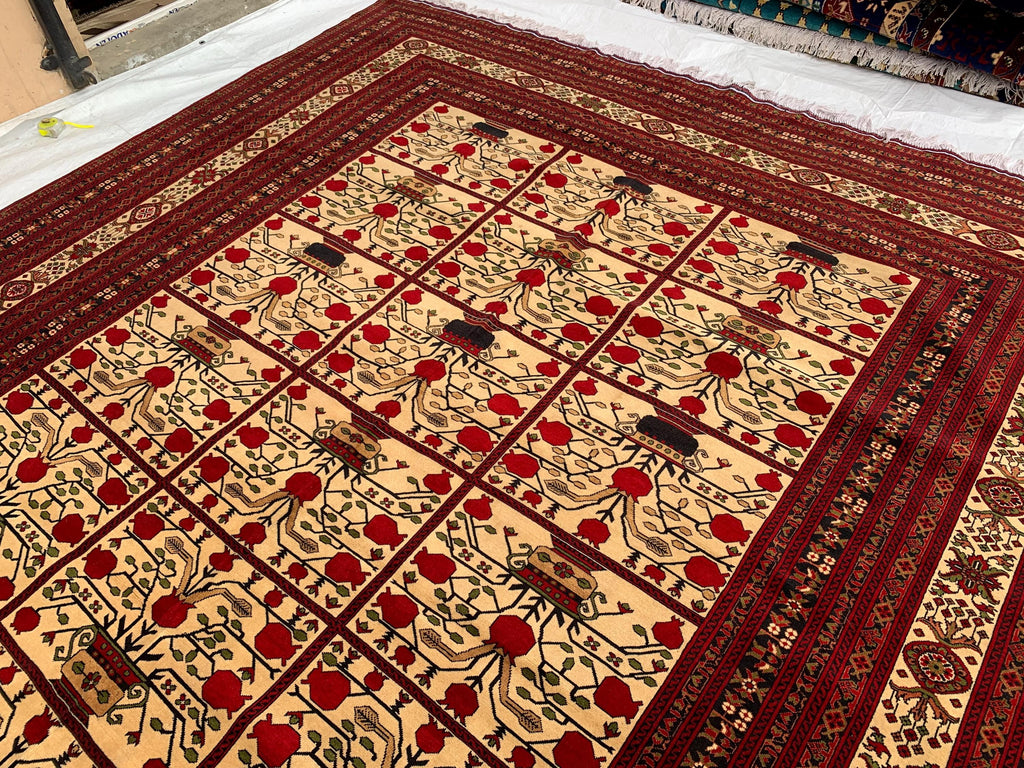 Premium Quality Handmade Beljik Rug 9.5x13.2 Large Afghan Wool Carpet | Red, Ivory & Black Traditional |Living Room, Dining Area Decor