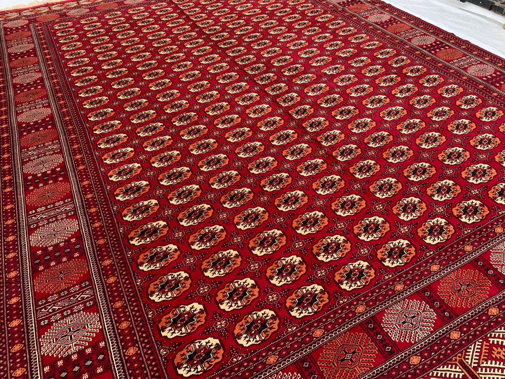 Antique Ahal Gul Handmade Beljik Rug –13.2x9.11 ft Wool and Silk | Luxurious Oriental Carpet | Red & Blue Persian Design | Living Room Decor