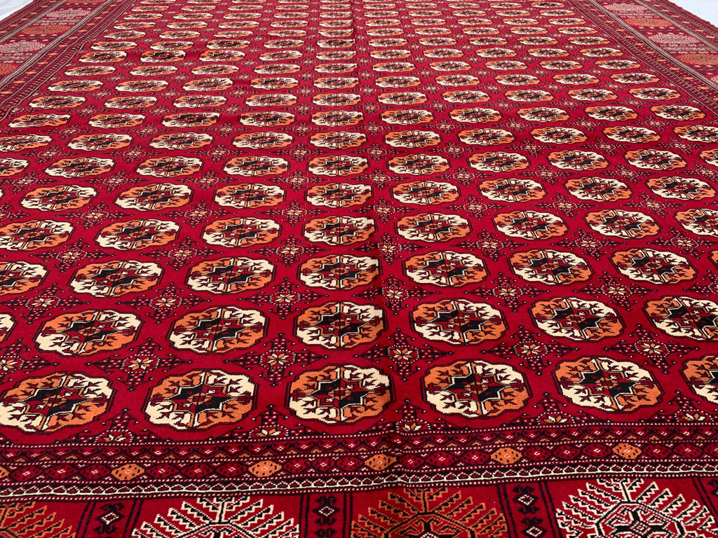 Antique Ahal Gul Handmade Beljik Rug –13.2x9.11 ft Wool and Silk | Luxurious Oriental Carpet | Red & Blue Persian Design | Living Room Decor
