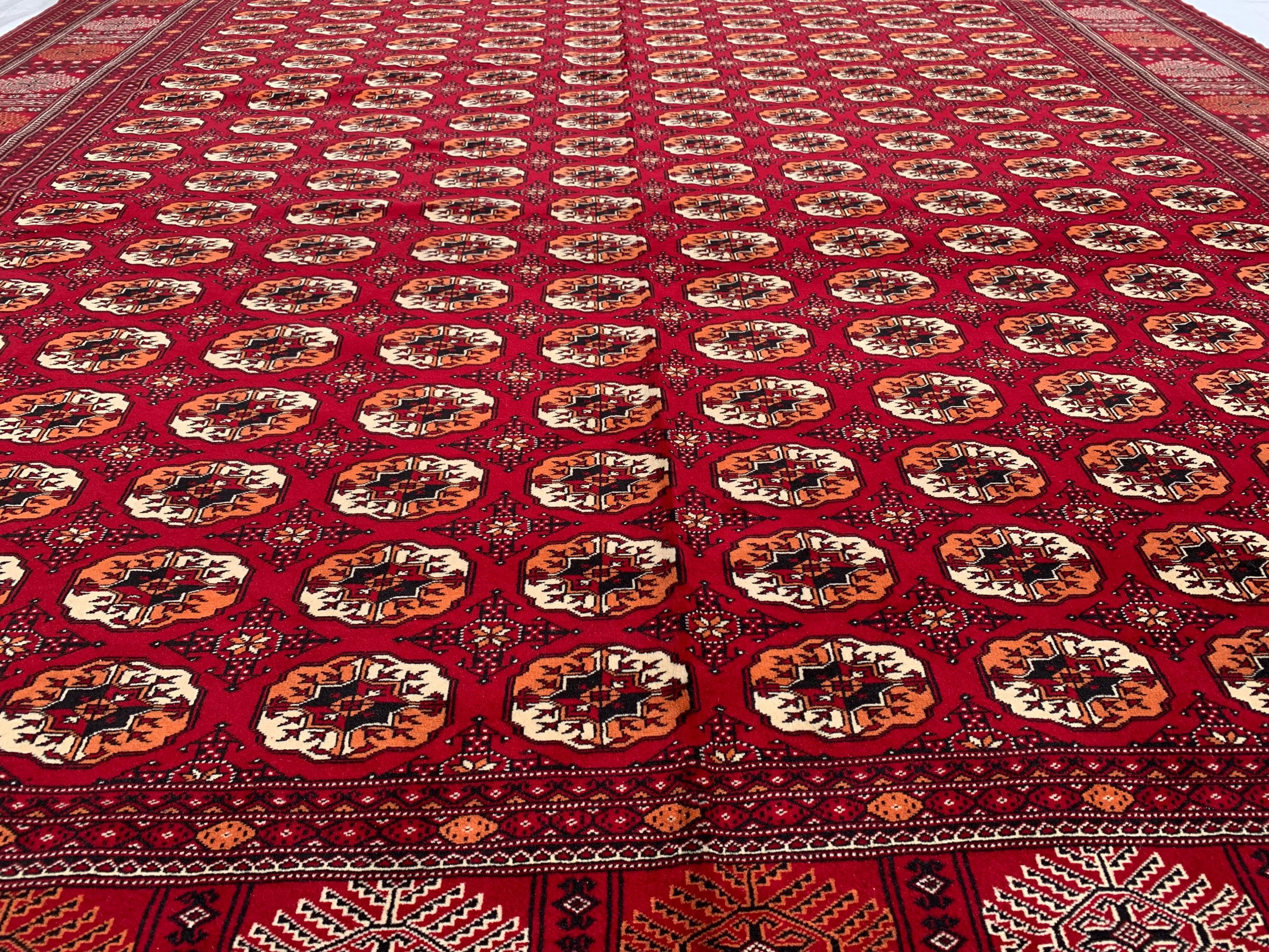 Antique Ahal Gul Handmade Beljik Rug –13.2x9.11 ft Wool and Silk | Luxurious Oriental Carpet | Red & Blue Persian Design | Living Room Decor