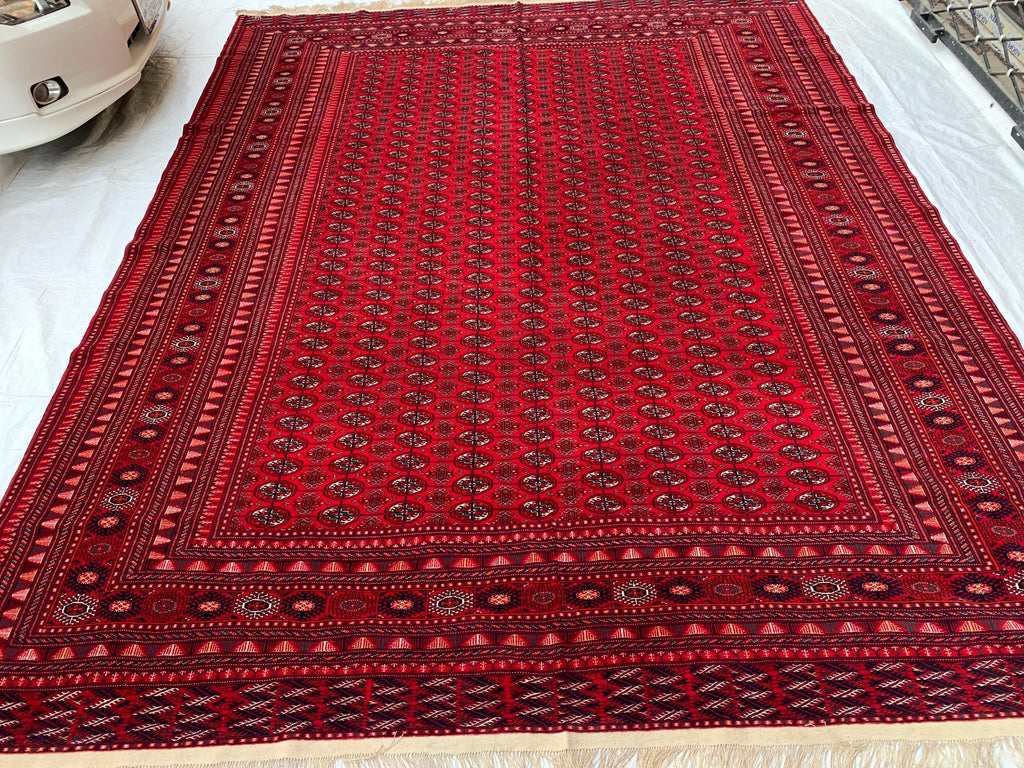 Top Quality Mawrai Gul Handmade Rug – 12.5x9.6 ft Wool & Silk |Tribal Turkmen Design | Red Oriental Carpet | Elegant Home Decor, Living Room
