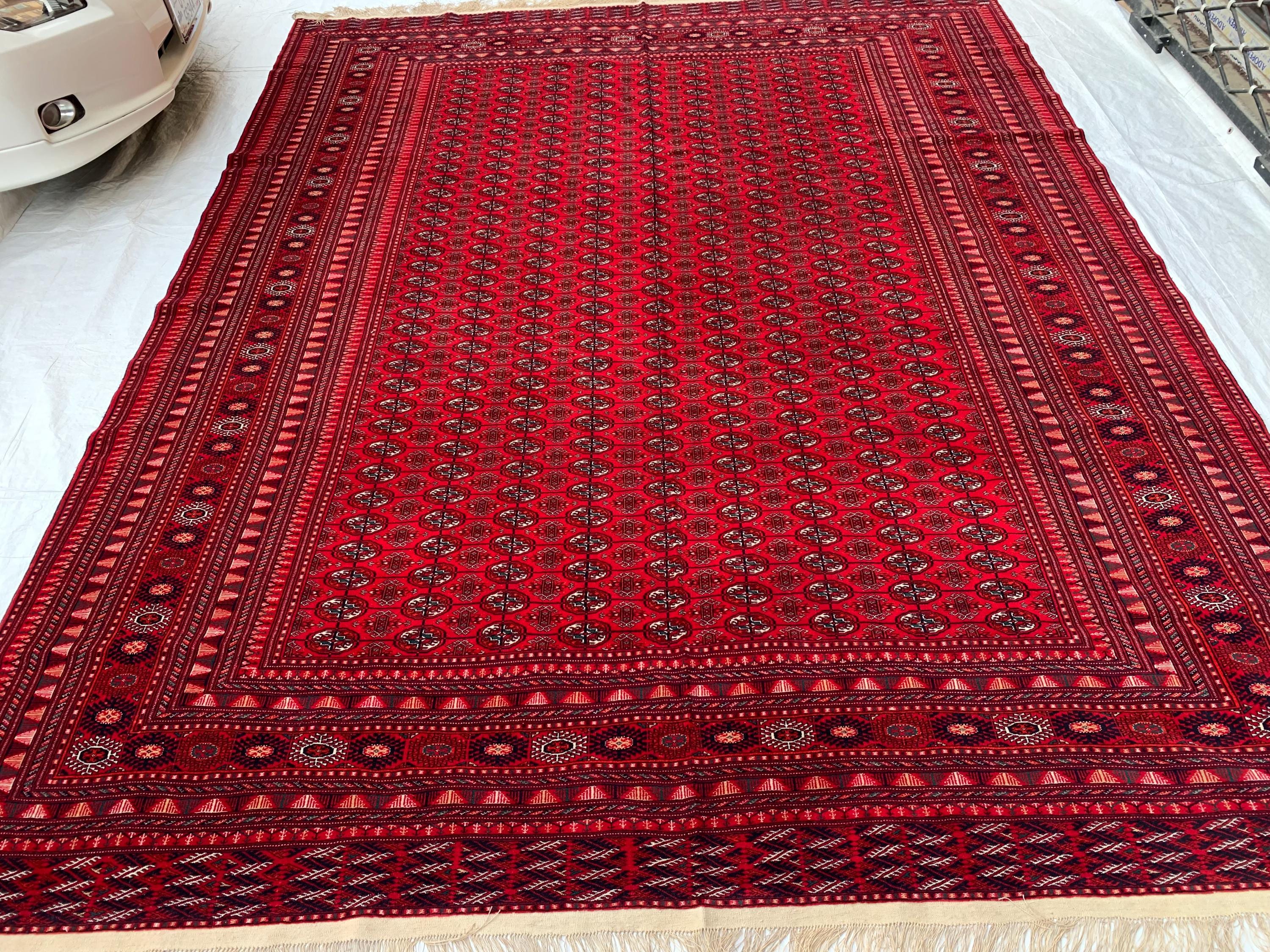 Top Quality Mawrai Gul Handmade Rug – 12.5x9.6 ft Wool & Silk |Tribal Turkmen Design | Red Oriental Carpet | Elegant Home Decor, Living Room