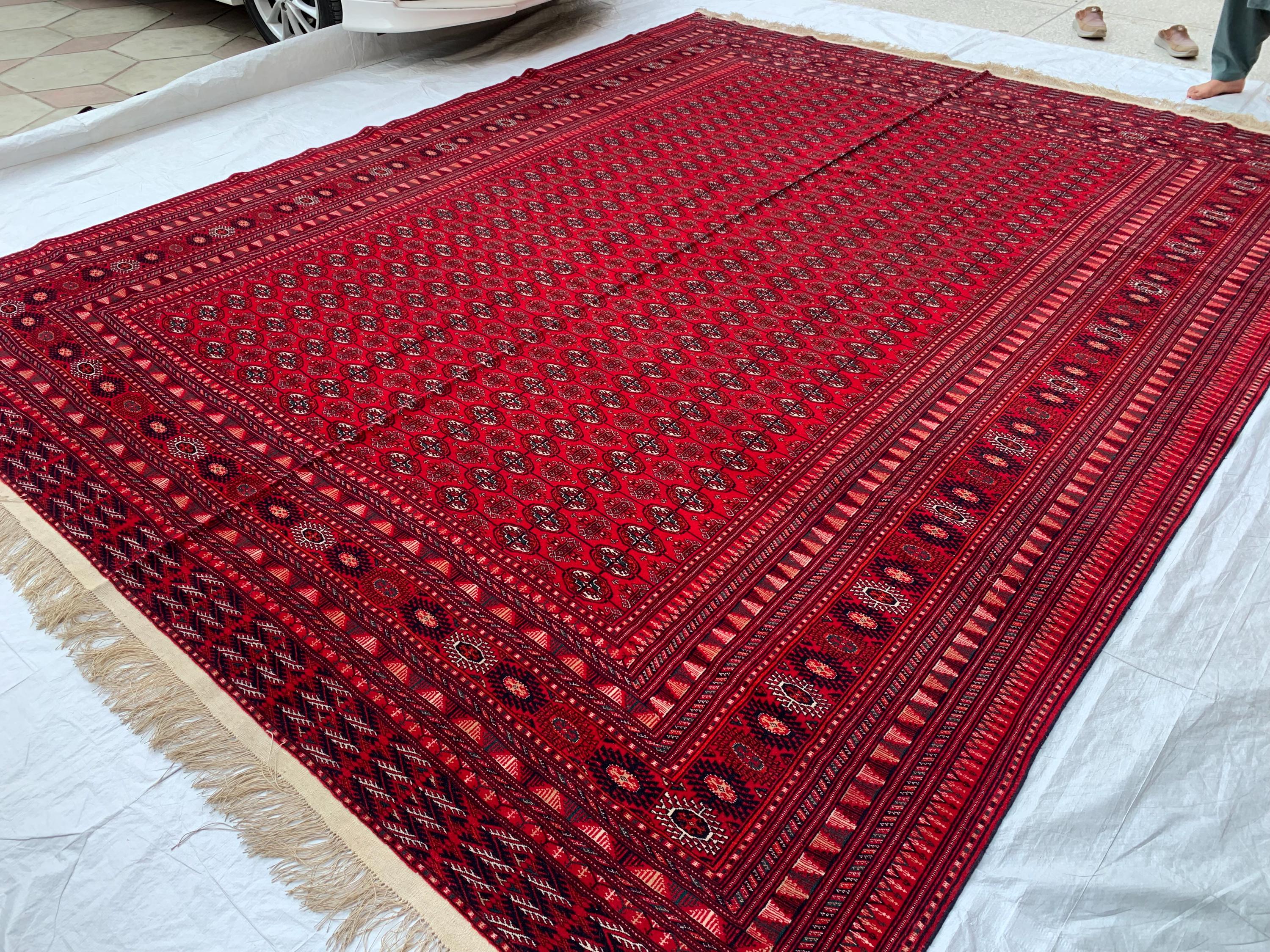 Top Quality Mawrai Gul Handmade Rug – 12.5x9.6 ft Wool & Silk |Tribal Turkmen Design | Red Oriental Carpet | Elegant Home Decor, Living Room