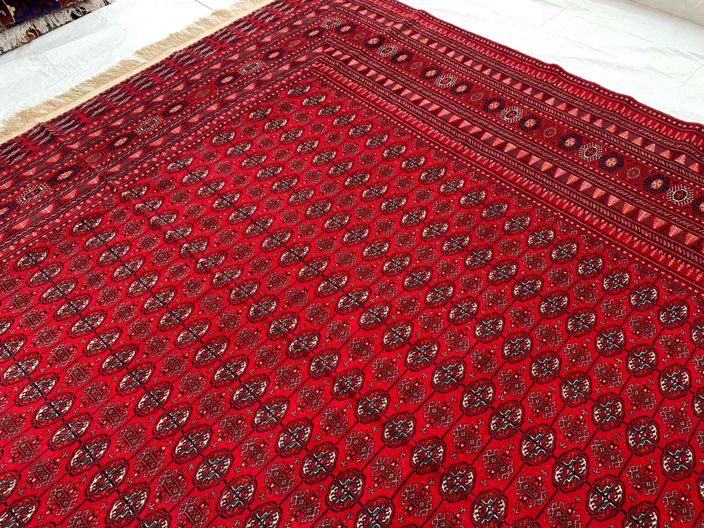 Top Quality Mawrai Gul Handmade Rug – 12.5x9.6 ft Wool & Silk |Tribal Turkmen Design | Red Oriental Carpet | Elegant Home Decor, Living Room