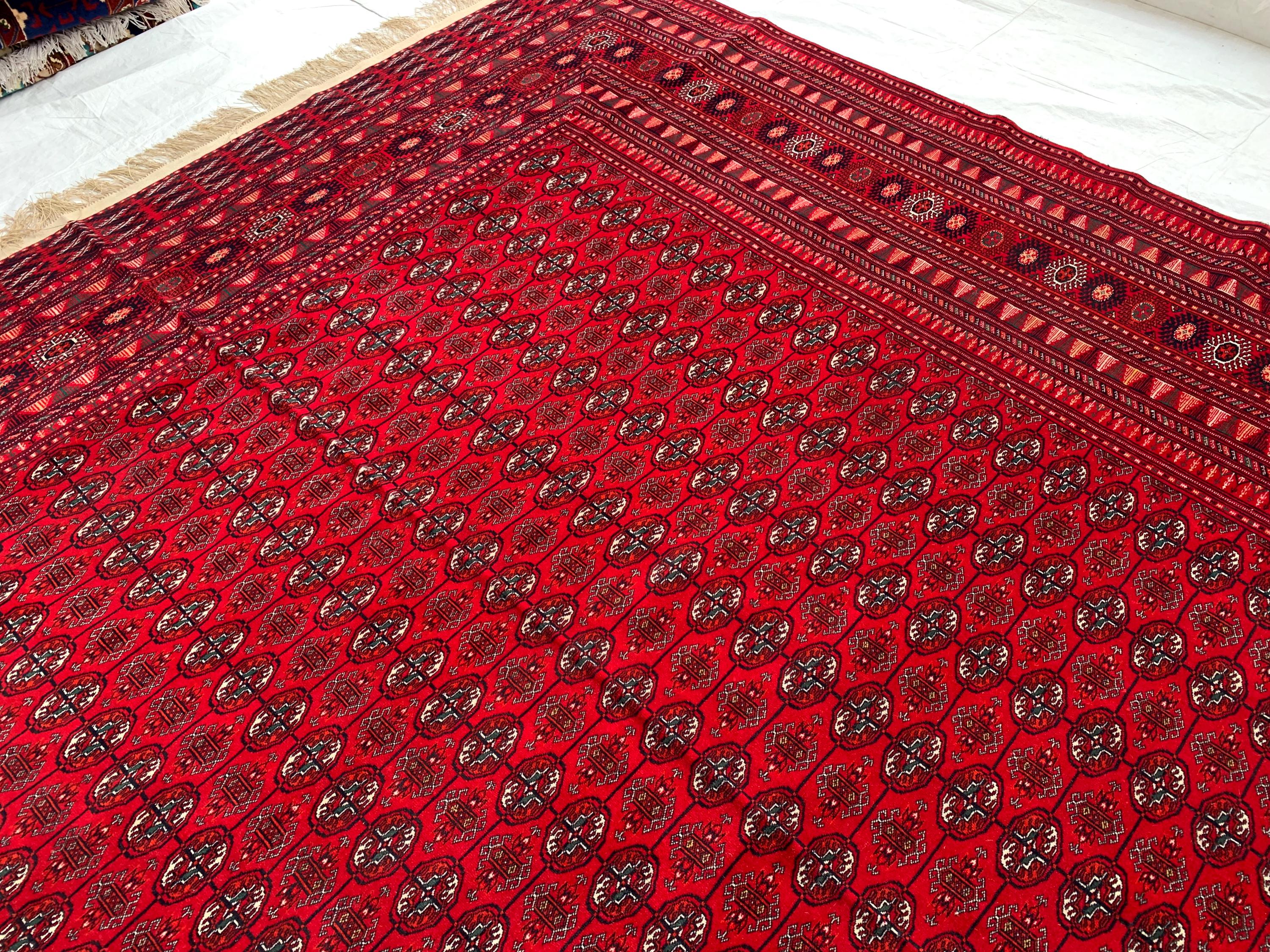 Top Quality Mawrai Gul Handmade Rug – 12.5x9.6 ft Wool & Silk |Tribal Turkmen Design | Red Oriental Carpet | Elegant Home Decor, Living Room