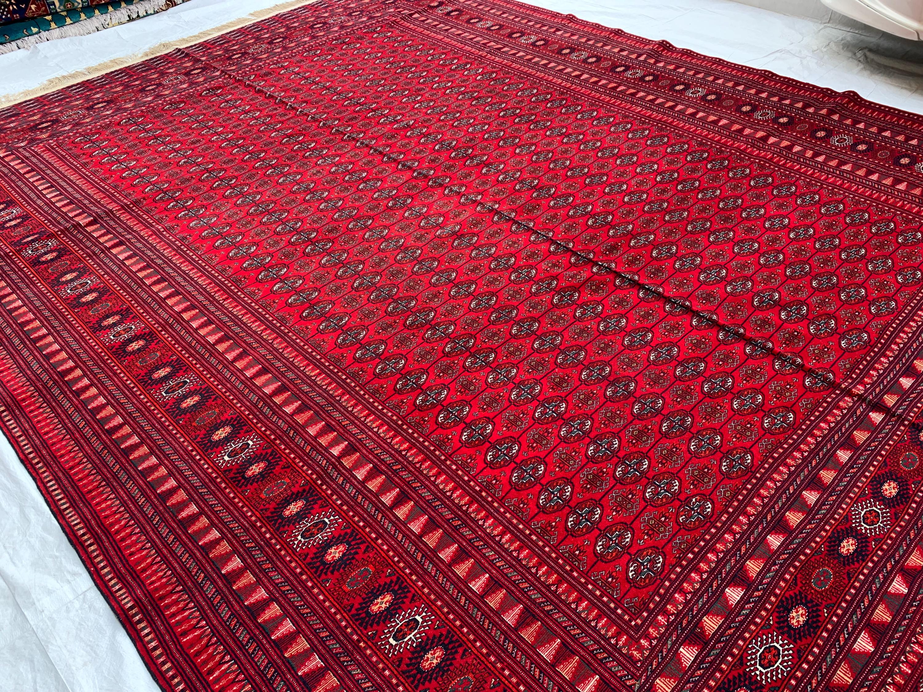 Top Quality Mawrai Gul Handmade Rug – 12.5x9.6 ft Wool & Silk |Tribal Turkmen Design | Red Oriental Carpet | Elegant Home Decor, Living Room
