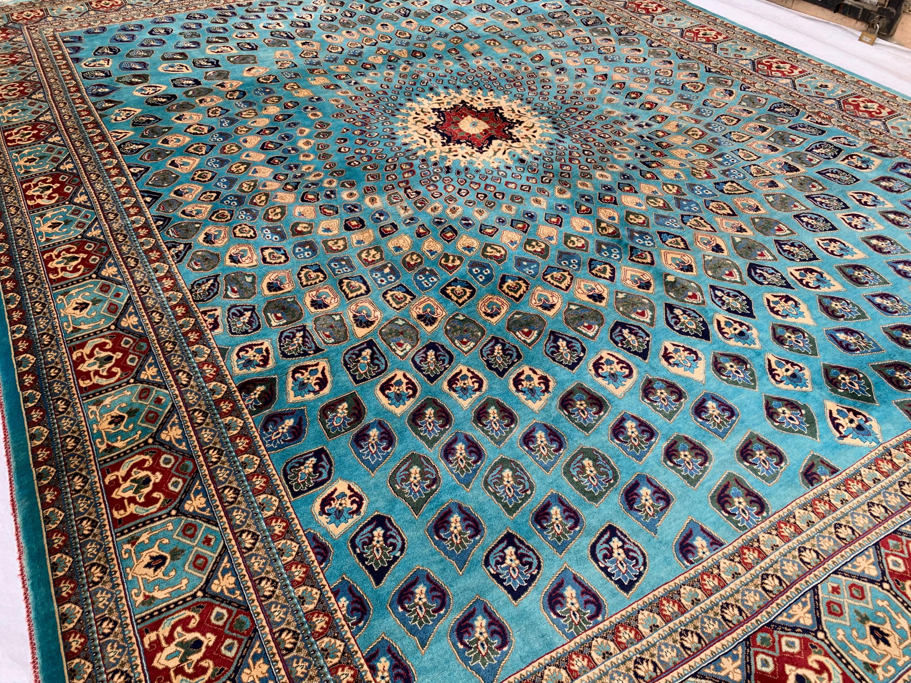 Handmade Parak Beljik Rug – 10x13.4 ft | Large Afghan Wool Carpet | Blue, & Black Traditional Rug | Living Room or Dining Area Decor