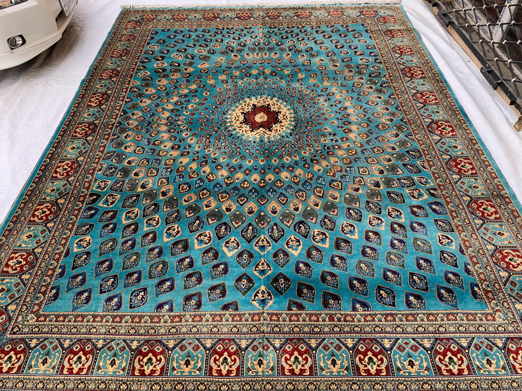 Handmade Parak Beljik Rug – 10x13.4 ft | Large Afghan Wool Carpet | Blue, & Black Traditional Rug | Living Room or Dining Area Decor