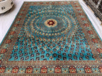 Handmade Parak Beljik Rug – 10x13.4 ft | Large Afghan Wool Carpet | Blue, & Black Traditional Rug | Living Room or Dining Area Decor