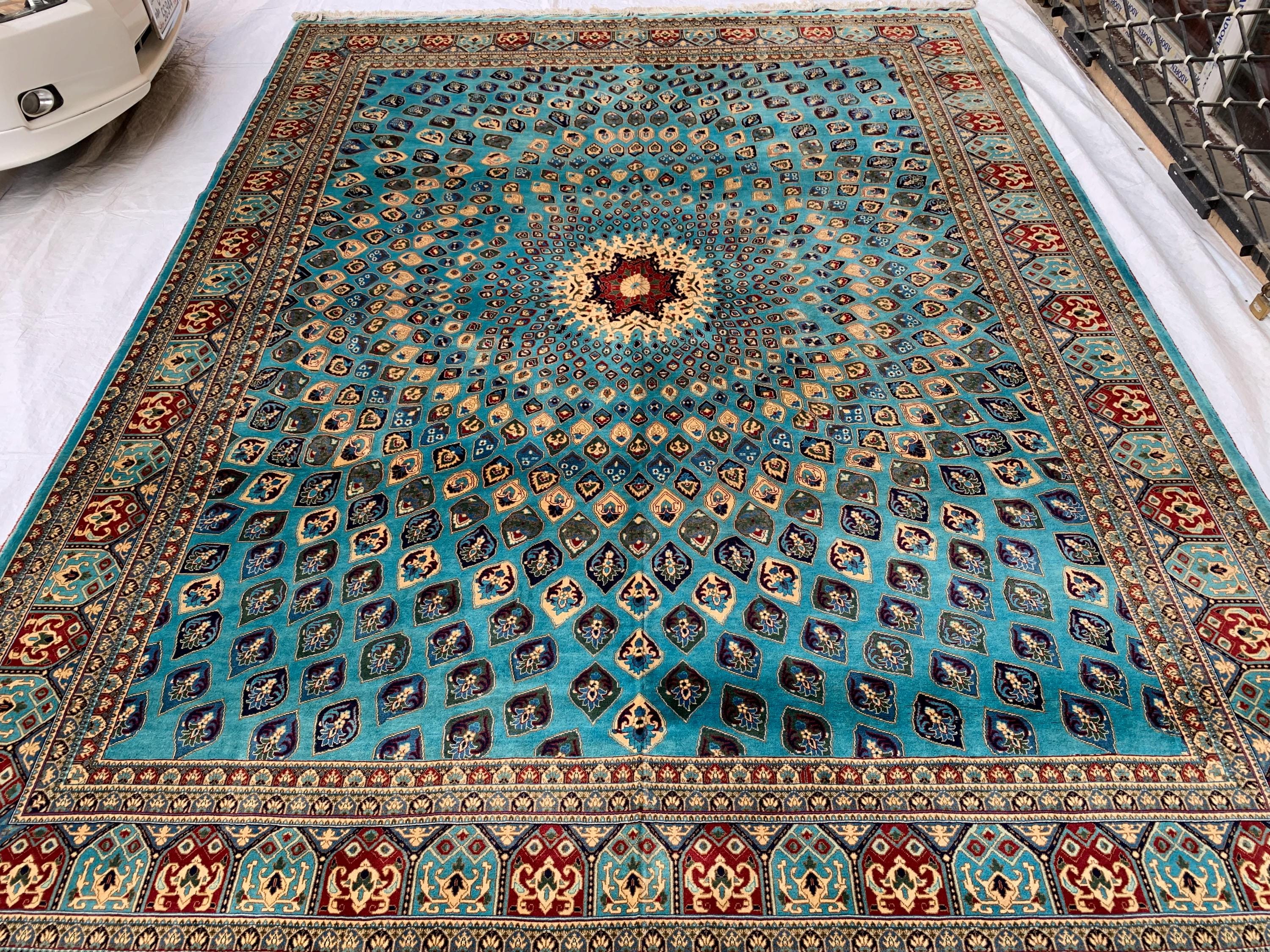 Handmade Parak Beljik Rug – 10x13.4 ft | Large Afghan Wool Carpet | Blue, & Black Traditional Rug | Living Room or Dining Area Decor