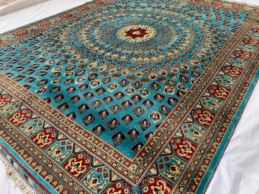Handmade Parak Beljik Rug – 10x13.4 ft | Large Afghan Wool Carpet | Blue, & Black Traditional Rug | Living Room or Dining Area Decor
