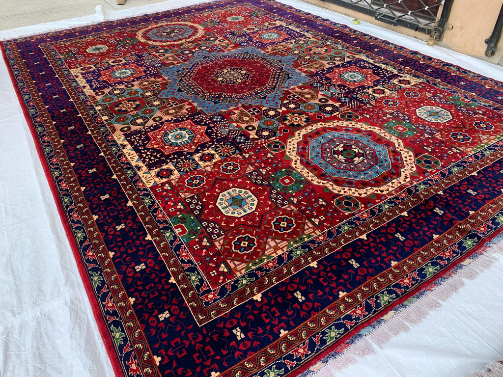 Premium Quality Beljik Rug – 9.11x13.4 ft Handmade Wool | Rich Red & Navy Blue | Luxurious Oriental Carpet | Persian Design for Living Room