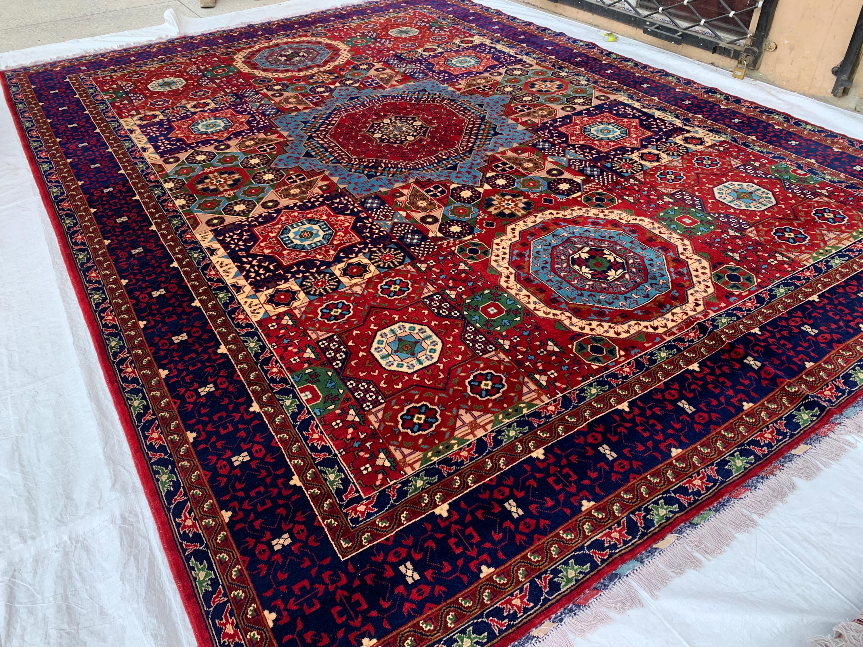 Premium Quality Beljik Rug – 9.11x13.4 ft Handmade Wool | Rich Red & Navy Blue | Luxurious Oriental Carpet | Persian Design for Living Room