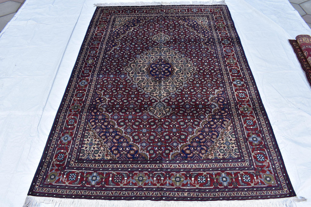 7x10 Hand-Knotted Red & Navy Blue Tabriz Rug – Afghan Wool Area Carpet, Persian Style Rug, Rug for Living Room, Bedroom Rug 9’10” x 6’7 ft
