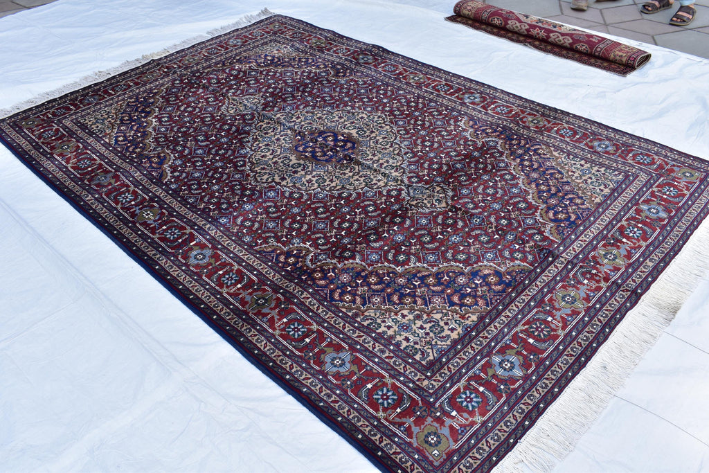 7x10 Hand-Knotted Red & Navy Blue Tabriz Rug – Afghan Wool Area Carpet, Persian Style Rug, Rug for Living Room, Bedroom Rug 9’10” x 6’7 ft