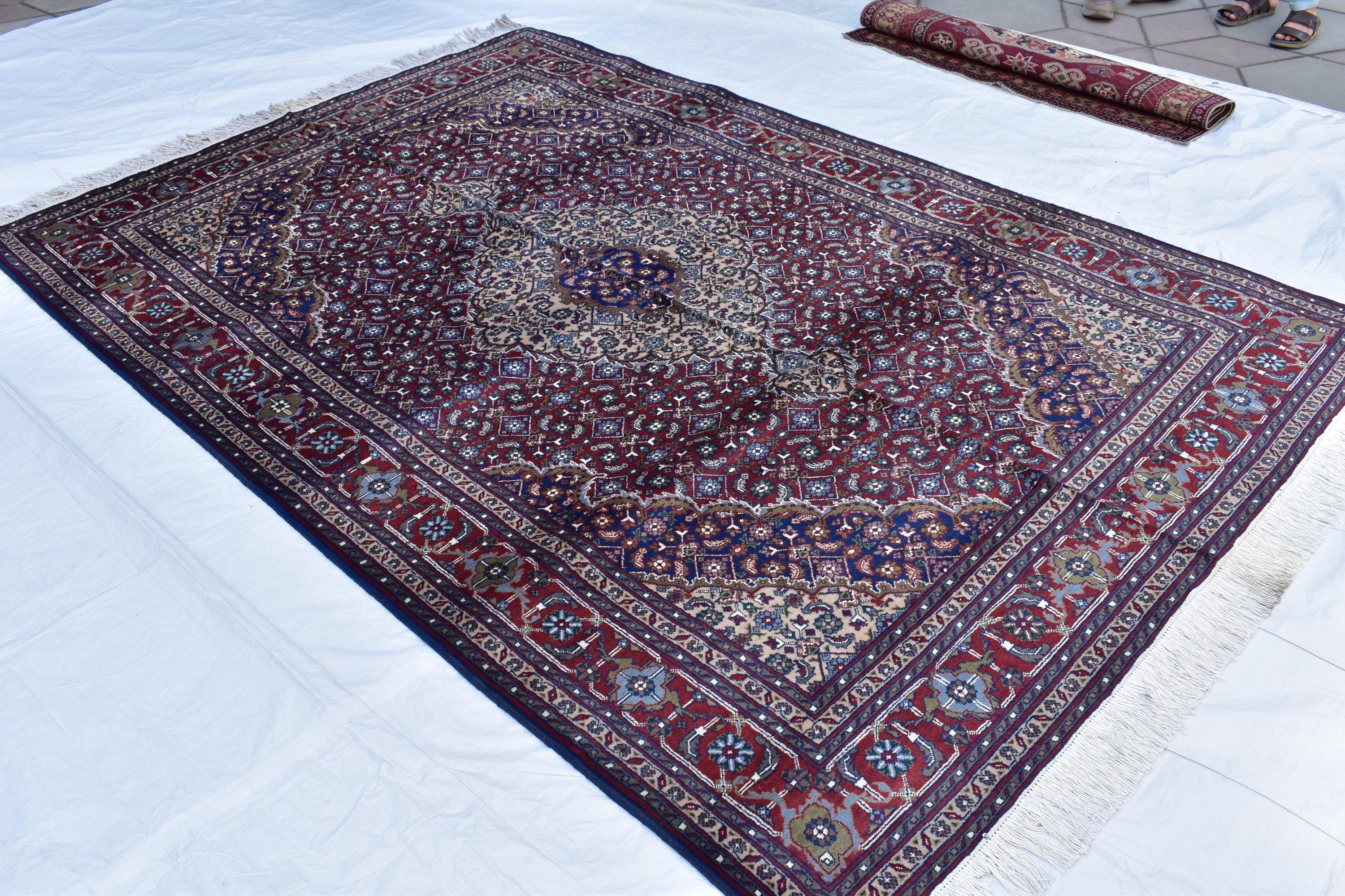 7x10 Hand-Knotted Red & Navy Blue Tabriz Rug – Afghan Wool Area Carpet, Persian Style Rug, Rug for Living Room, Bedroom Rug 9’10” x 6’7 ft
