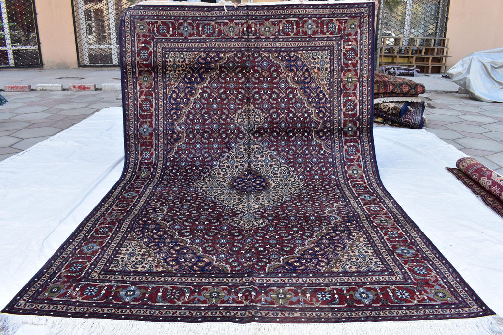 7x10 Hand-Knotted Red & Navy Blue Tabriz Rug – Afghan Wool Area Carpet, Persian Style Rug, Rug for Living Room, Bedroom Rug 9’10” x 6’7 ft