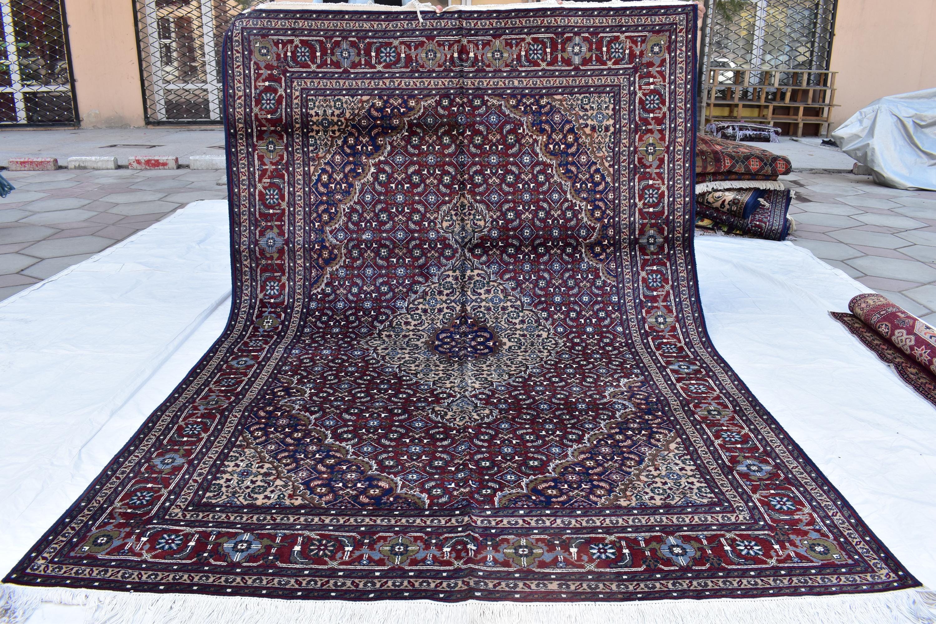 7x10 Hand-Knotted Red & Navy Blue Tabriz Rug – Afghan Wool Area Carpet, Persian Style Rug, Rug for Living Room, Bedroom Rug 9’10” x 6’7 ft