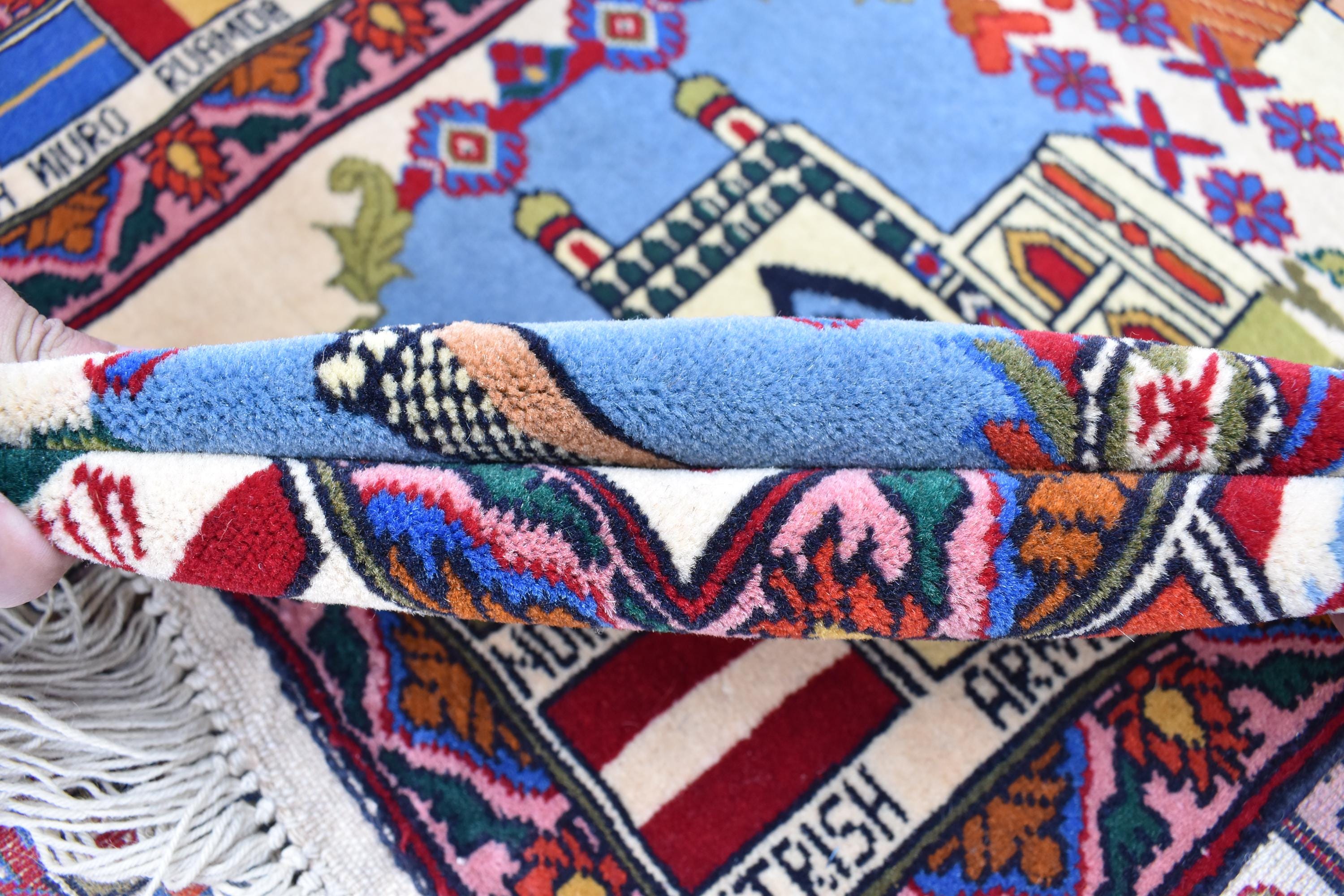 Pictorial Rug Handmade Afghan – 5.5x4.1 ft | World Map & Architecture Design | Wool War Carpet | Collectible Vintage Rug, Perfect For Office