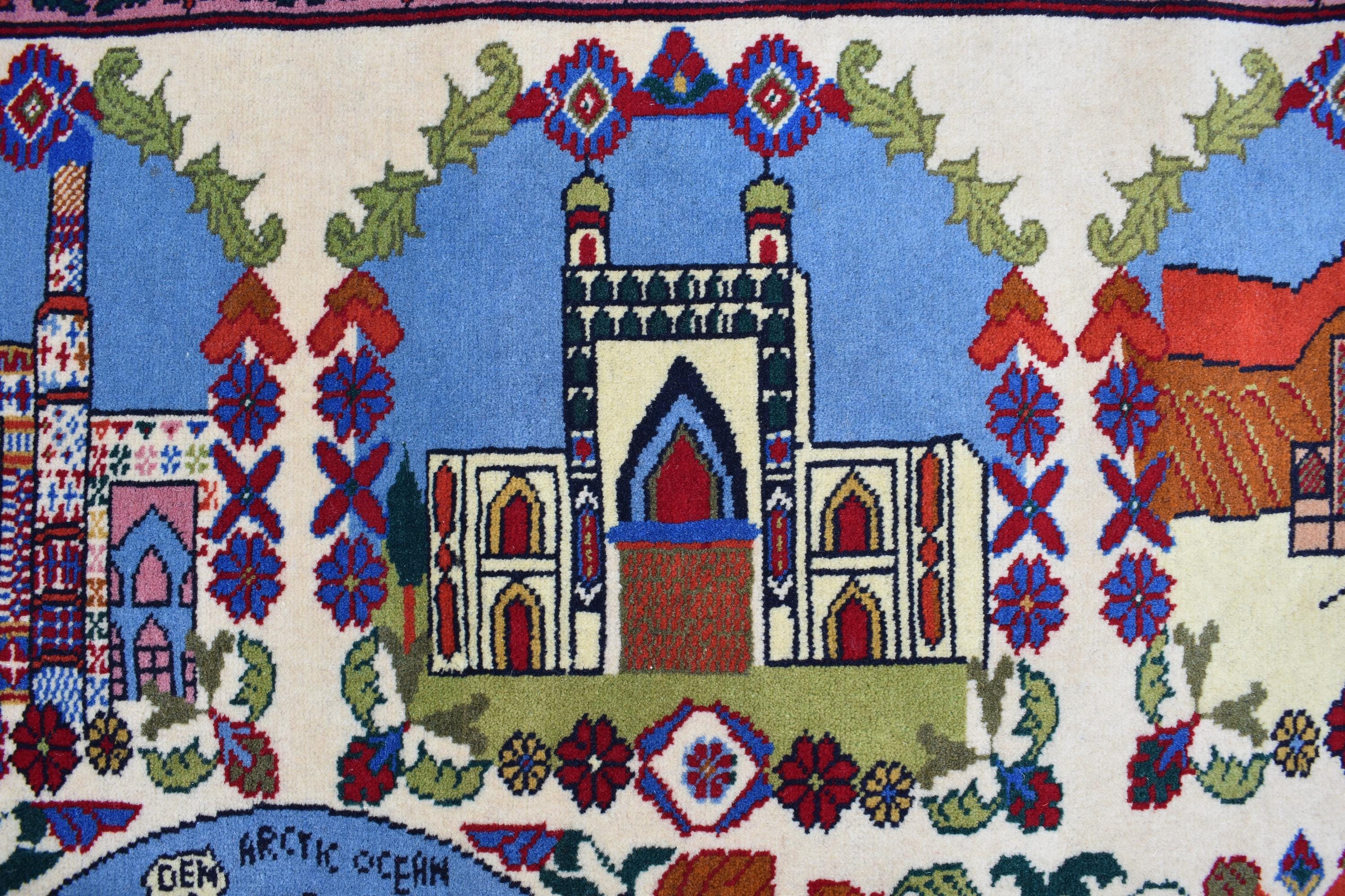 Pictorial Rug Handmade Afghan – 5.5x4.1 ft | World Map & Architecture Design | Wool War Carpet | Collectible Vintage Rug, Perfect For Office