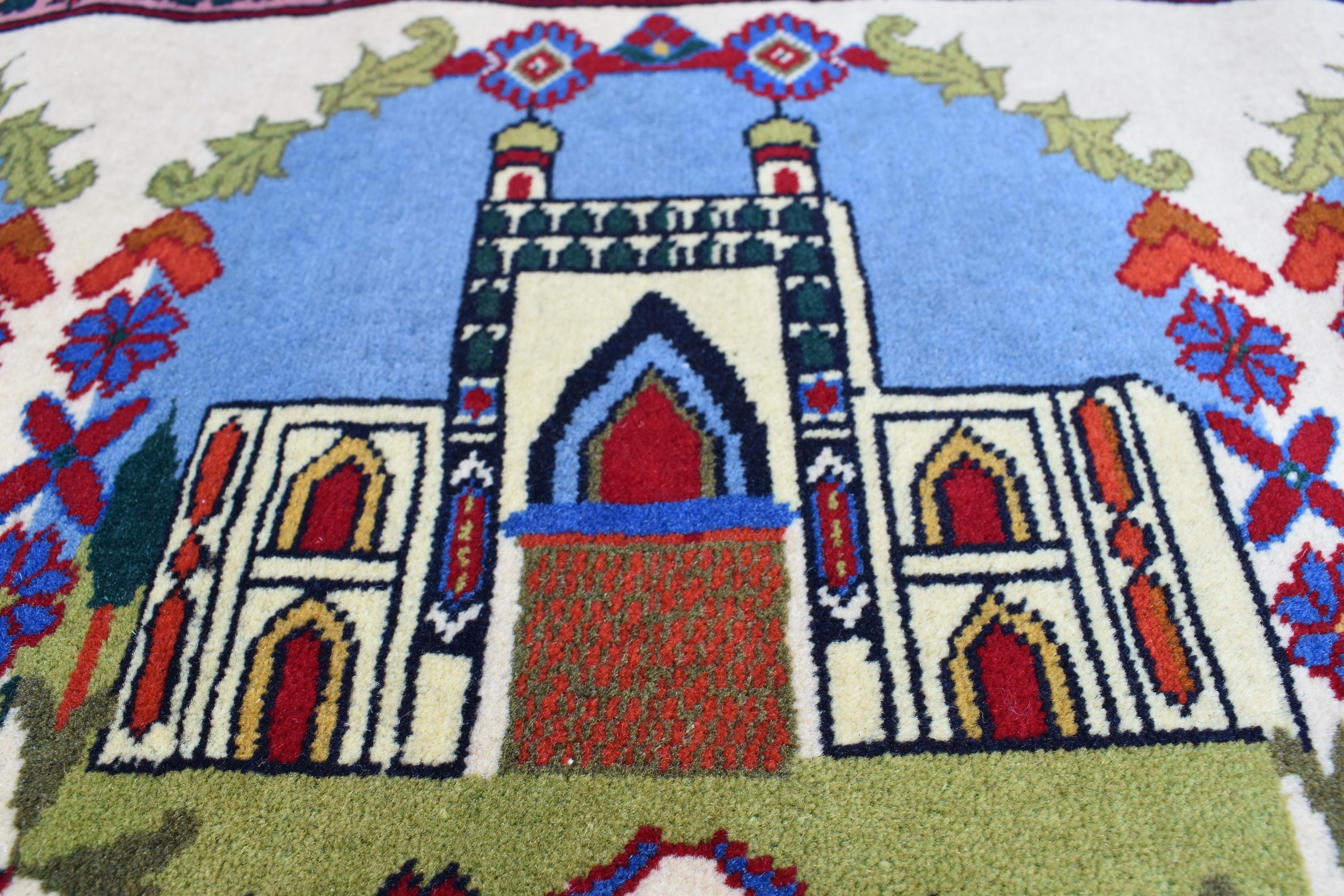 Pictorial Rug Handmade Afghan – 5.5x4.1 ft | World Map & Architecture Design | Wool War Carpet | Collectible Vintage Rug, Perfect For Office