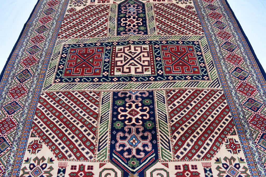 7x10 Caucasian Kazak Handwoven Rug – Soft Wool, Geometric Tribal Design, Cross Pattern Rug, Rug for Living Room Bedroom Rug 6.7x10 ft