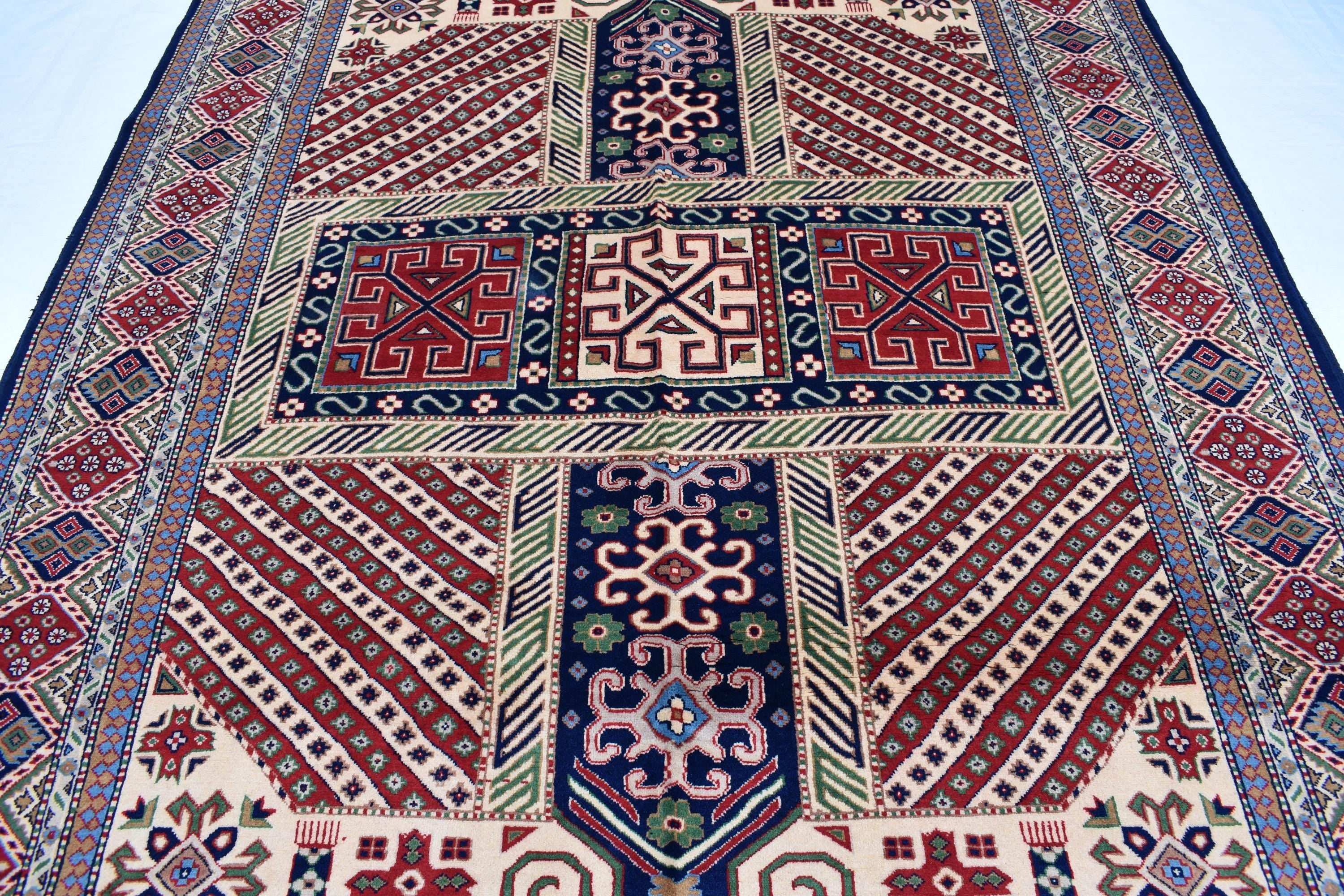 7x10 Caucasian Kazak Handwoven Rug – Soft Wool, Geometric Tribal Design, Cross Pattern Rug, Rug for Living Room Bedroom Rug 6.7x10 ft