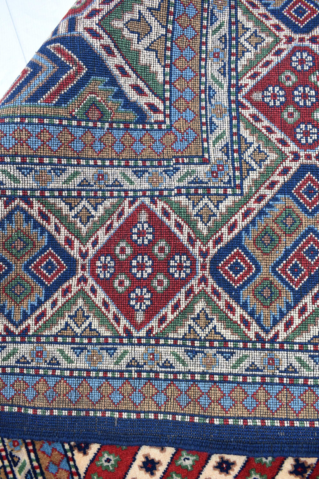 7x10 Caucasian Kazak Handwoven Rug – Soft Wool, Geometric Tribal Design, Cross Pattern Rug, Rug for Living Room Bedroom Rug 6.7x10 ft