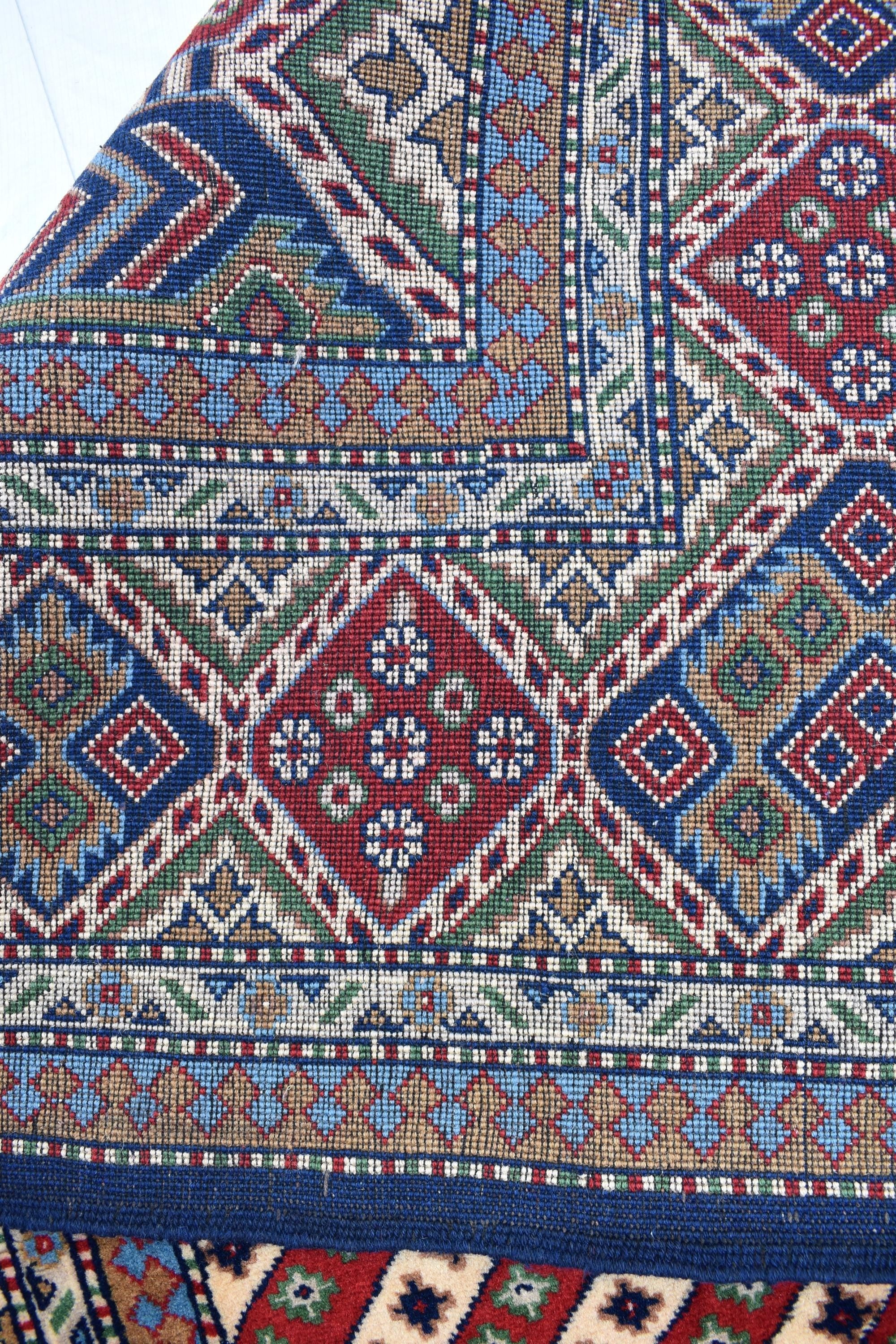 7x10 Caucasian Kazak Handwoven Rug – Soft Wool, Geometric Tribal Design, Cross Pattern Rug, Rug for Living Room Bedroom Rug 6.7x10 ft