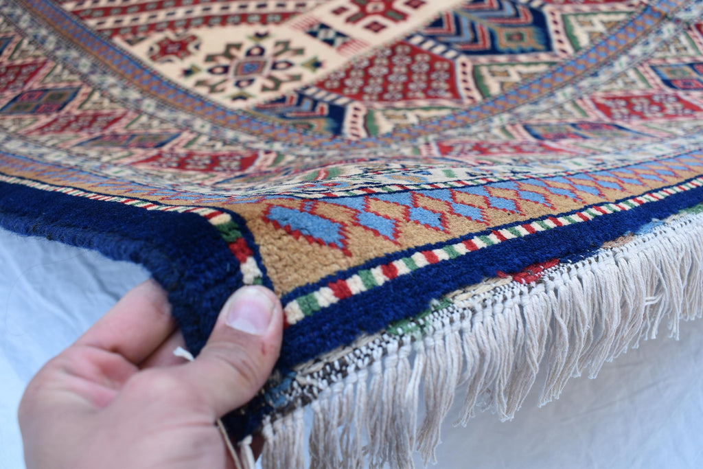 7x10 Caucasian Kazak Handwoven Rug – Soft Wool, Geometric Tribal Design, Cross Pattern Rug, Rug for Living Room Bedroom Rug 6.7x10 ft