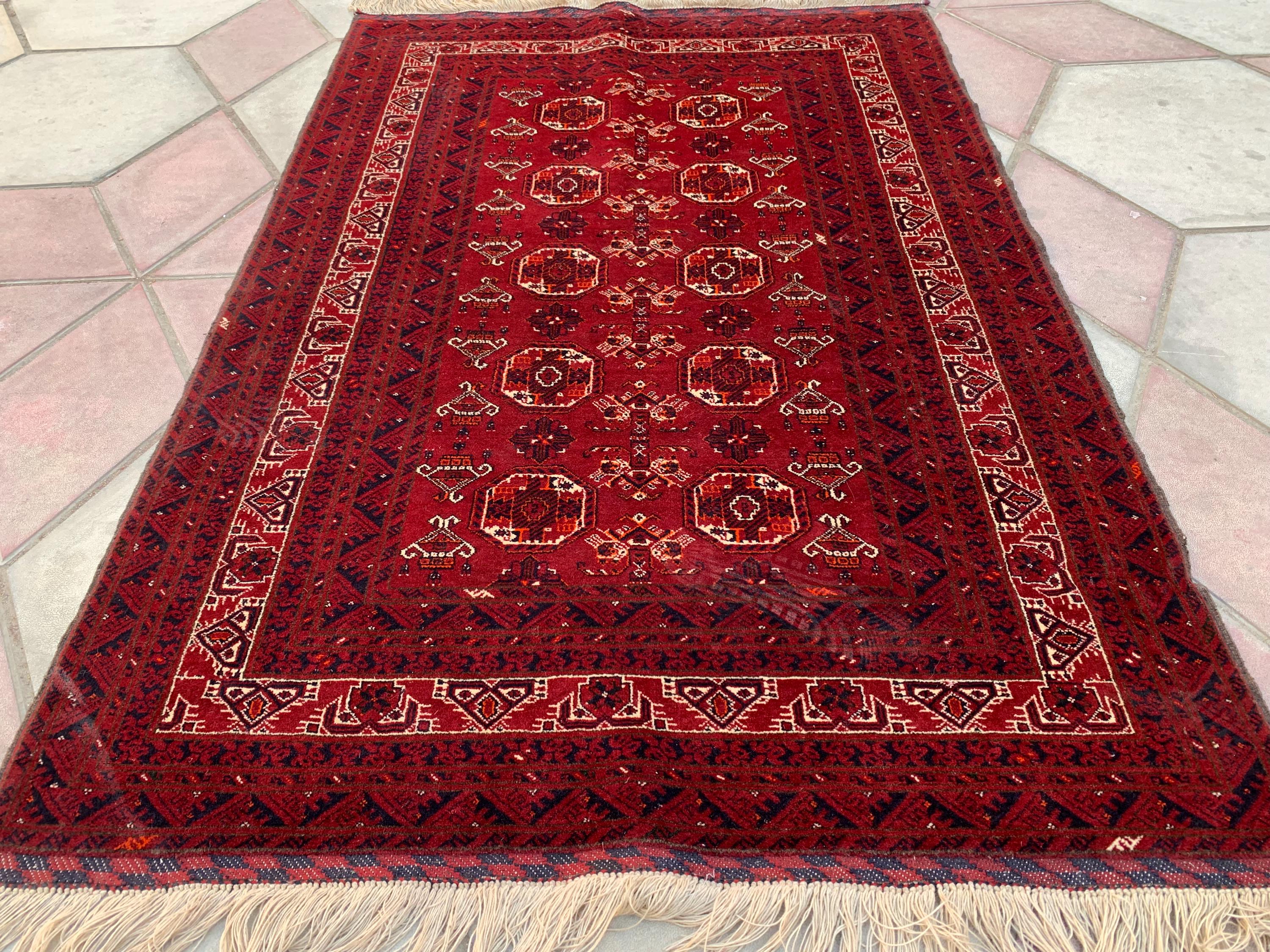 Antique Waziri Rug – 35-Year-Old Handmade Tribal Carpet (3x5 ft) – Vintage Afghani Rug, Tribal Floor Rug, Hallway Rug, Entryway Rug