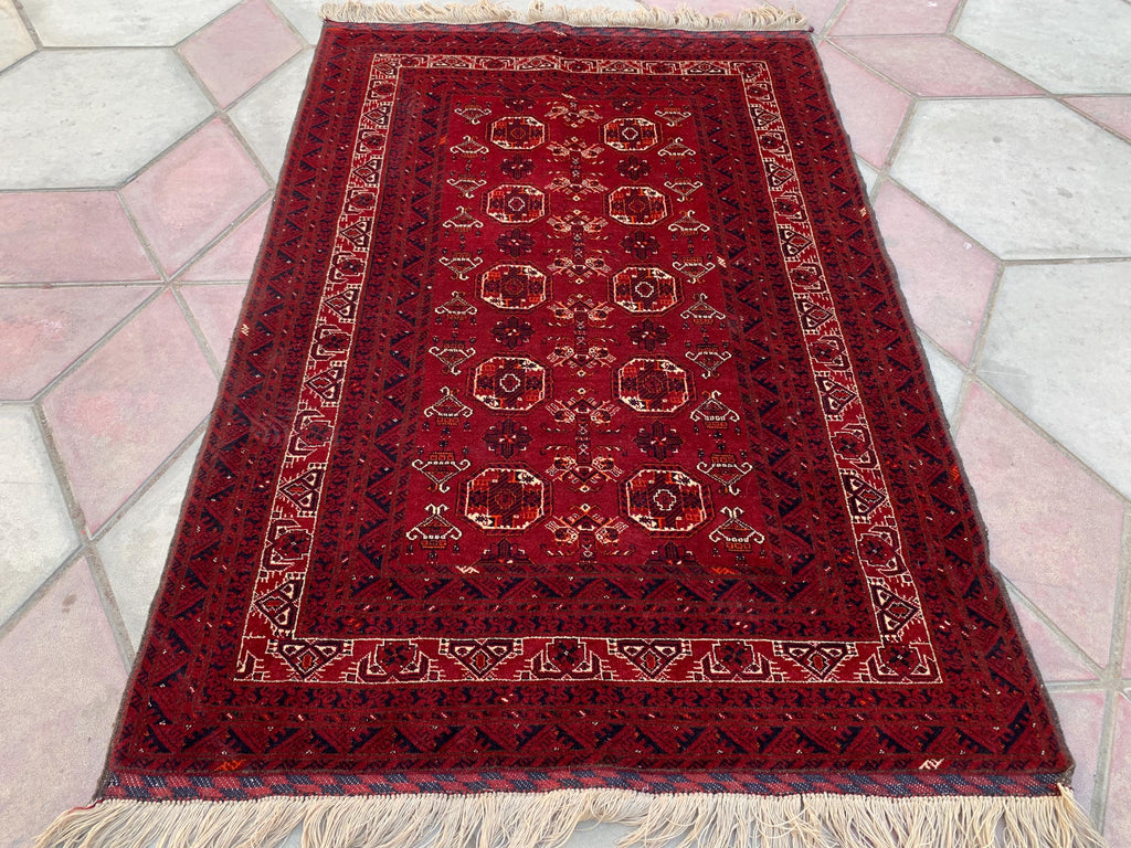 Antique Waziri Rug – 35-Year-Old Handmade Tribal Carpet (3x5 ft) – Vintage Afghani Rug, Tribal Floor Rug, Hallway Rug, Entryway Rug