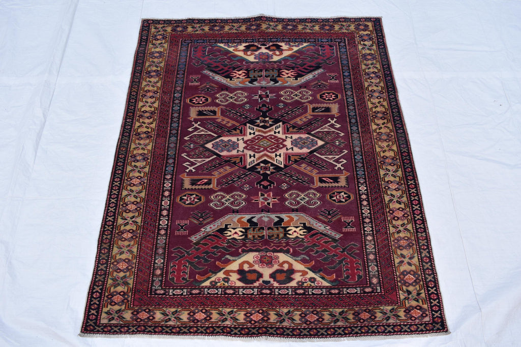 4x5 Vintage Afghan Tribal Rug - Handmade Kazak Wool Rug - Geometric Nomadic Carpet, Collectible Rare Rug, Caucasian Pattern, Burgundy Red
