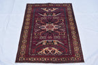 4x5 Vintage Afghan Tribal Rug - Handmade Kazak Wool Rug - Geometric Nomadic Carpet, Collectible Rare Rug, Caucasian Pattern, Burgundy Red