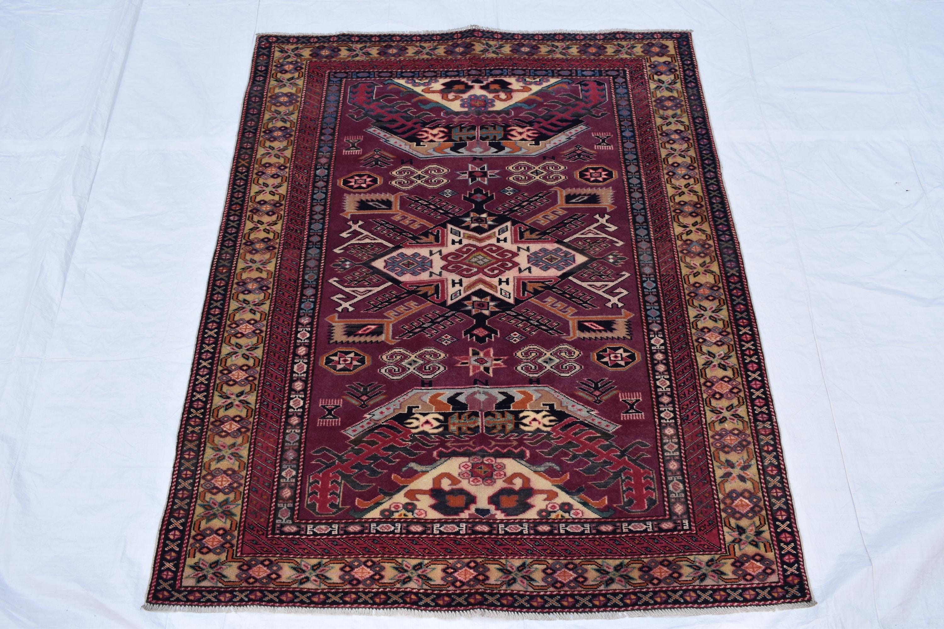 4x5 Vintage Afghan Tribal Rug - Handmade Kazak Wool Rug - Geometric Nomadic Carpet, Collectible Rare Rug, Caucasian Pattern, Burgundy Red