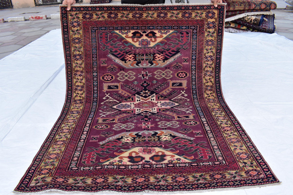 4x5 Vintage Afghan Tribal Rug - Handmade Kazak Wool Rug - Geometric Nomadic Carpet, Collectible Rare Rug, Caucasian Pattern, Burgundy Red