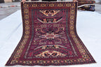 4x5 Vintage Afghan Tribal Rug - Handmade Kazak Wool Rug - Geometric Nomadic Carpet, Collectible Rare Rug, Caucasian Pattern, Burgundy Red