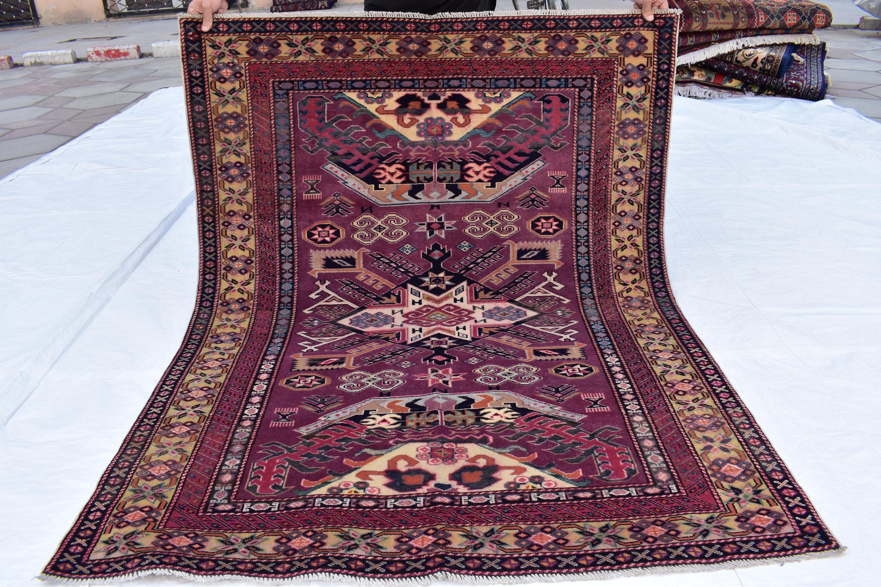 4x5 Vintage Afghan Tribal Rug - Handmade Kazak Wool Rug - Geometric Nomadic Carpet, Collectible Rare Rug, Caucasian Pattern, Burgundy Red