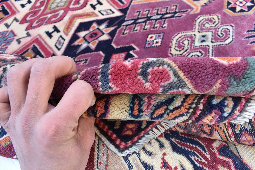 4x5 Vintage Afghan Tribal Rug - Handmade Kazak Wool Rug - Geometric Nomadic Carpet, Collectible Rare Rug, Caucasian Pattern, Burgundy Red