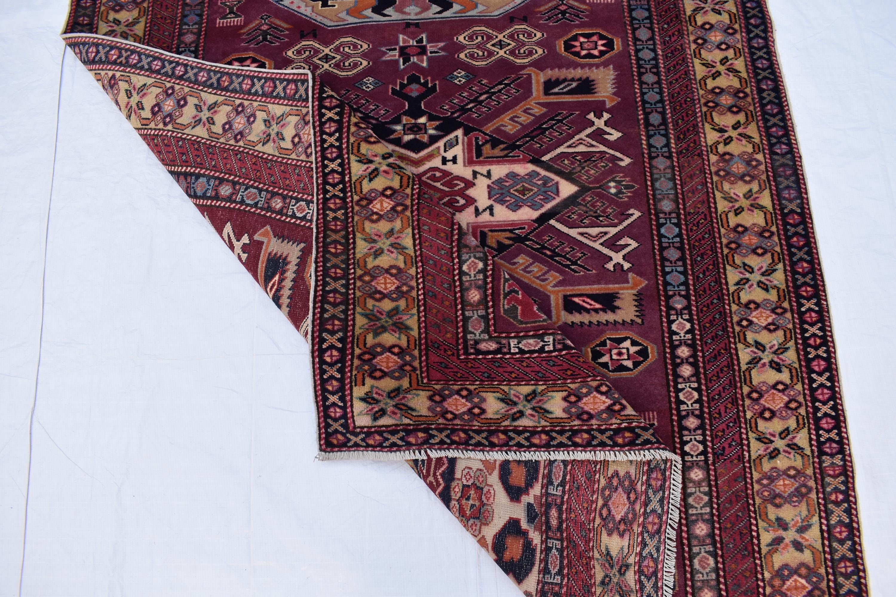 4x5 Vintage Afghan Tribal Rug - Handmade Kazak Wool Rug - Geometric Nomadic Carpet, Collectible Rare Rug, Caucasian Pattern, Burgundy Red
