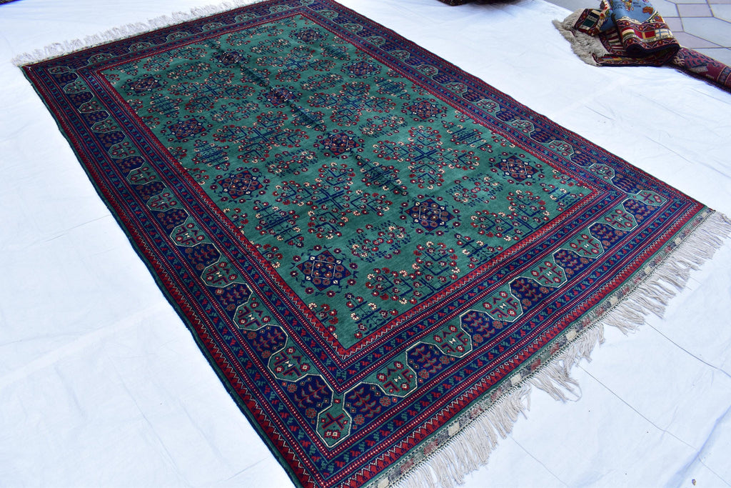 6x9 Green Bukhara Rug with Navy Blue and Red Accent–Handmade Elegance for Modern Interiors, Rug for Living Room, Perfect for Bedroom 6.5x9.7