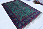 6x9 Green Bukhara Rug with Navy Blue and Red Accent–Handmade Elegance for Modern Interiors, Rug for Living Room, Perfect for Bedroom 6.5x9.7