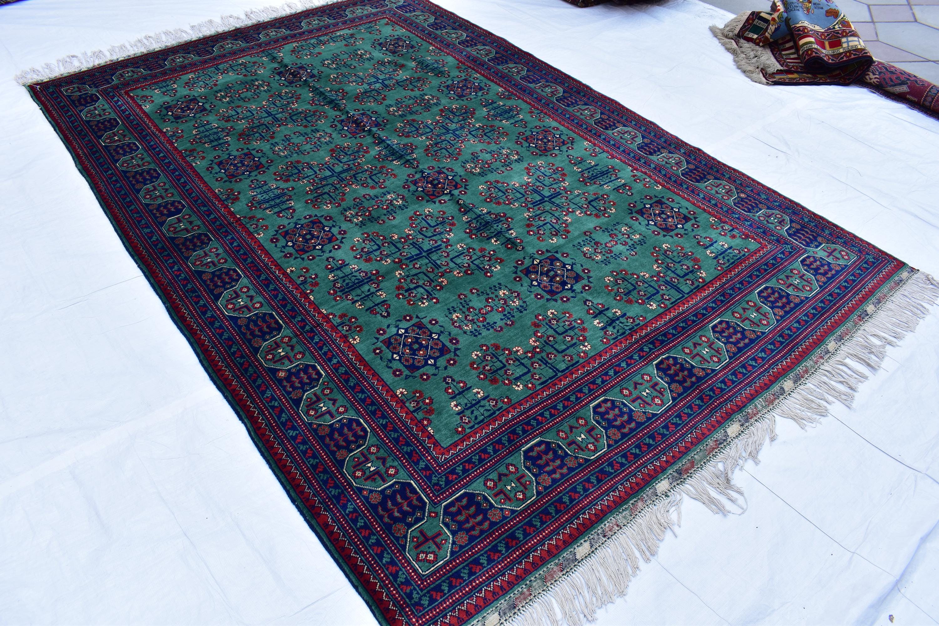 6x9 Green Bukhara Rug with Navy Blue and Red Accent–Handmade Elegance for Modern Interiors, Rug for Living Room, Perfect for Bedroom 6.5x9.7
