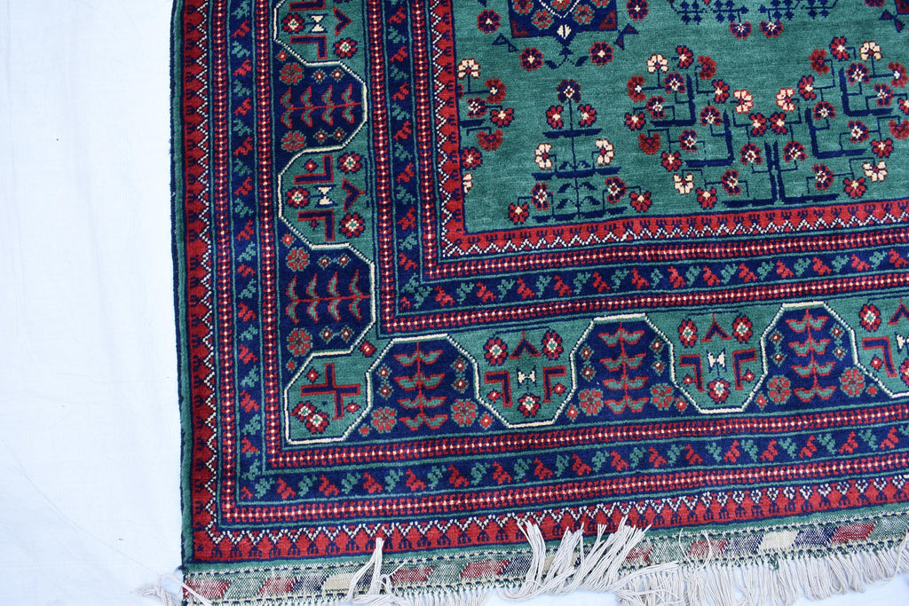 6x9 Green Bukhara Rug with Navy Blue and Red Accent–Handmade Elegance for Modern Interiors, Rug for Living Room, Perfect for Bedroom 6.5x9.7