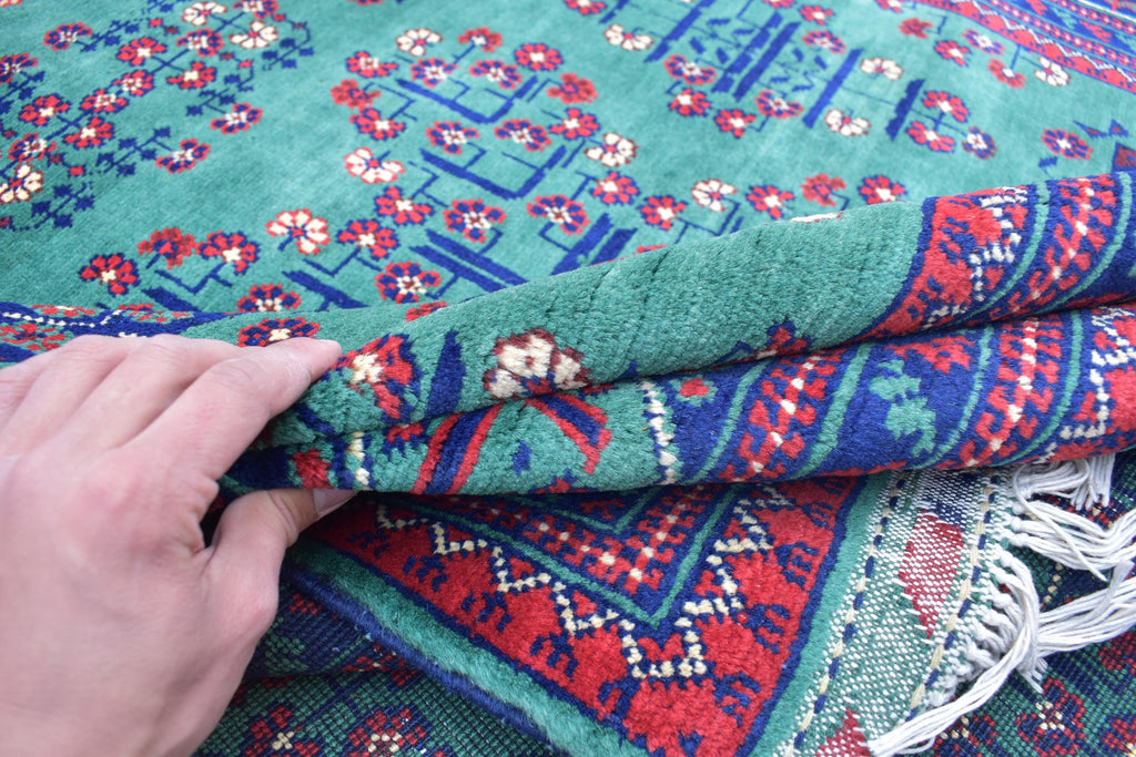6x9 Green Bukhara Rug with Navy Blue and Red Accent–Handmade Elegance for Modern Interiors, Rug for Living Room, Perfect for Bedroom 6.5x9.7