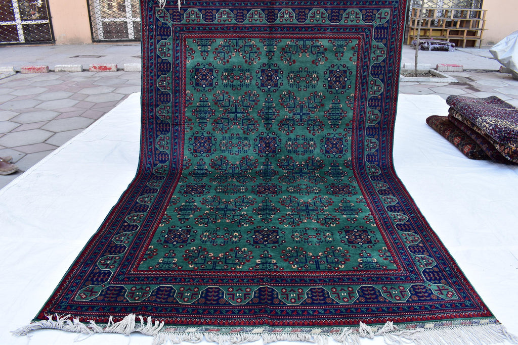 6x9 Green Bukhara Rug with Navy Blue and Red Accent–Handmade Elegance for Modern Interiors, Rug for Living Room, Perfect for Bedroom 6.5x9.7