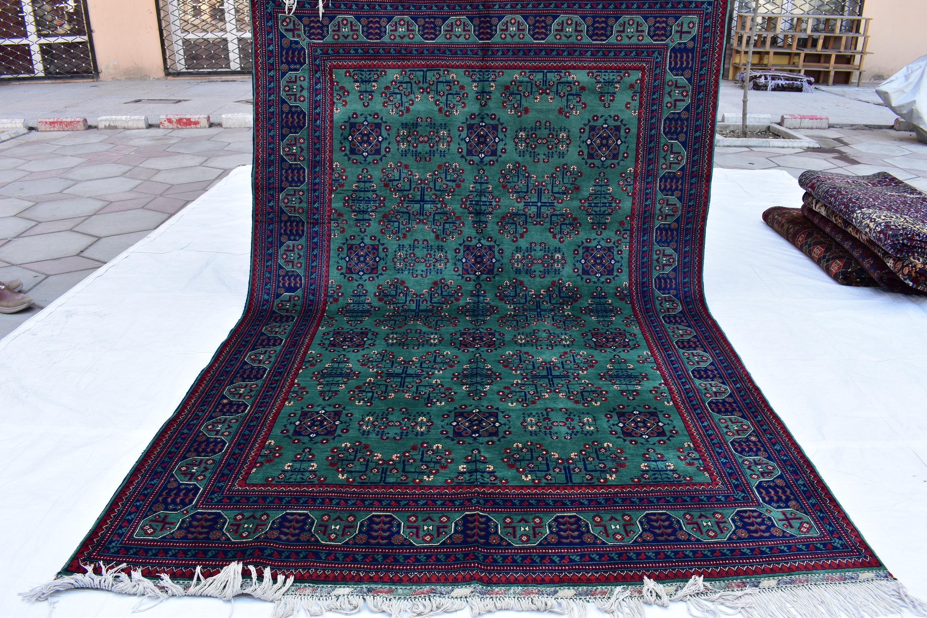 6x9 Green Bukhara Rug with Navy Blue and Red Accent–Handmade Elegance for Modern Interiors, Rug for Living Room, Perfect for Bedroom 6.5x9.7