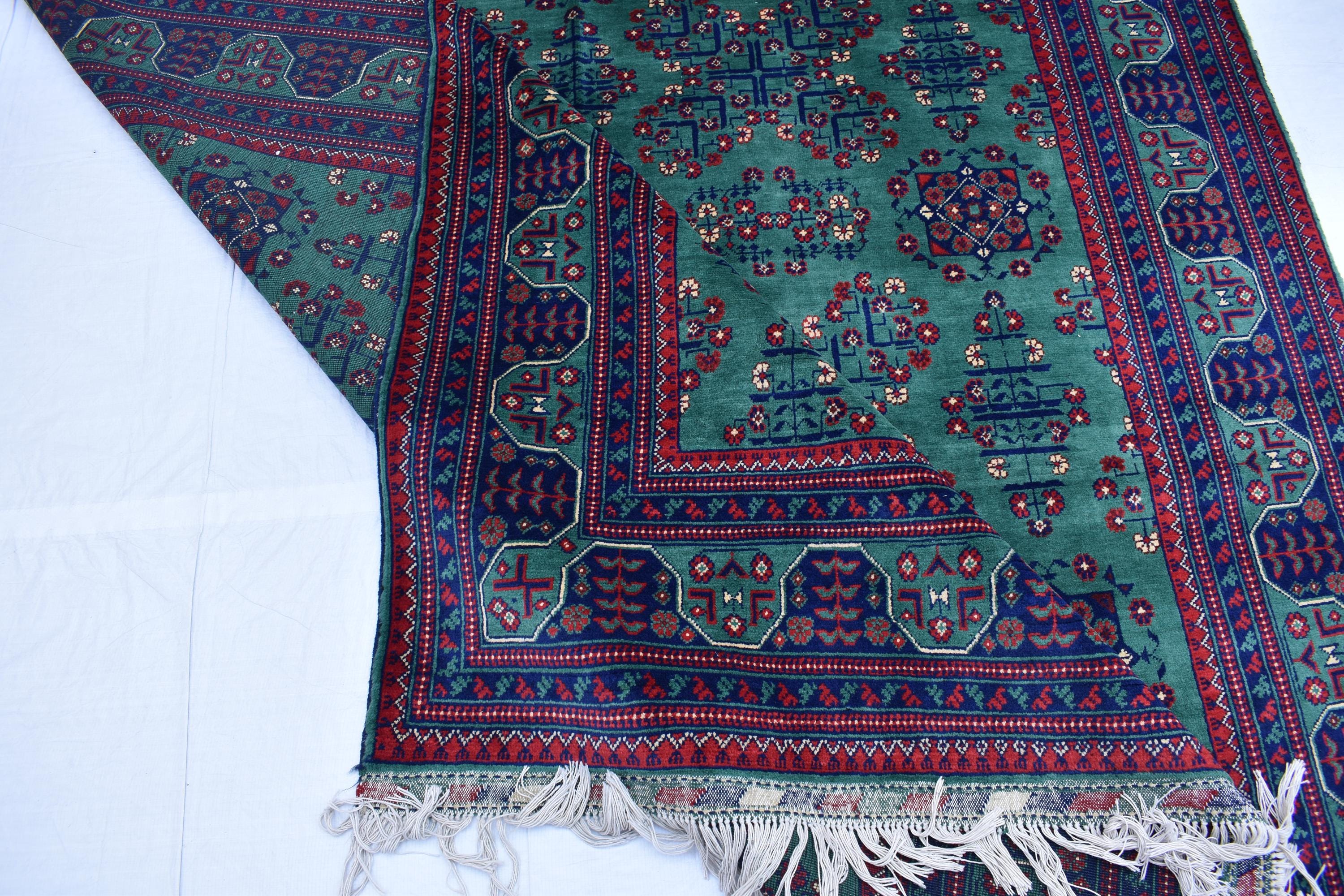 6x9 Green Bukhara Rug with Navy Blue and Red Accent–Handmade Elegance for Modern Interiors, Rug for Living Room, Perfect for Bedroom 6.5x9.7