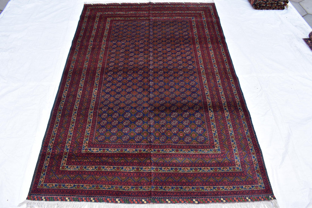 6x9 Elegant Red and Navy Blue Hoja Roshnai Rug–Traditional Handmade Oriental Design for Modern Interiors, Perfect for Bedroom, Living Room